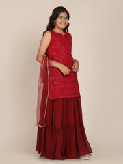 Silk blend Woven Sleeveless Embroidered Flared Kurta And Skirt With Dupatta Set - Maroon
