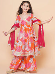 Girls Orange Multi Floral Printed Angrakha Gotta Patti Kurta & Sharara set With Dupatta