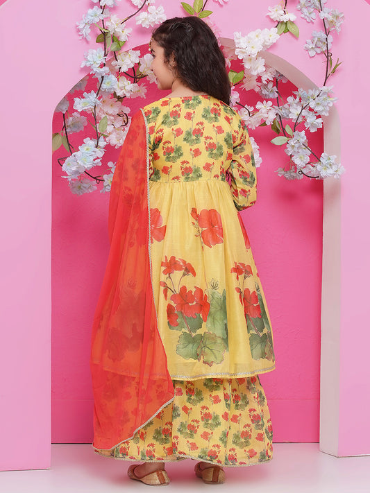 Girls Yellow Floral Printed Angrakha Kurta with Sharara with dupatta