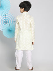 Boys' Yellow And White Kurta Pyjama Set