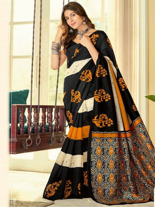 Women's Bhagalpuri Silk Black Printed DesignerSaree With Blouse Piece