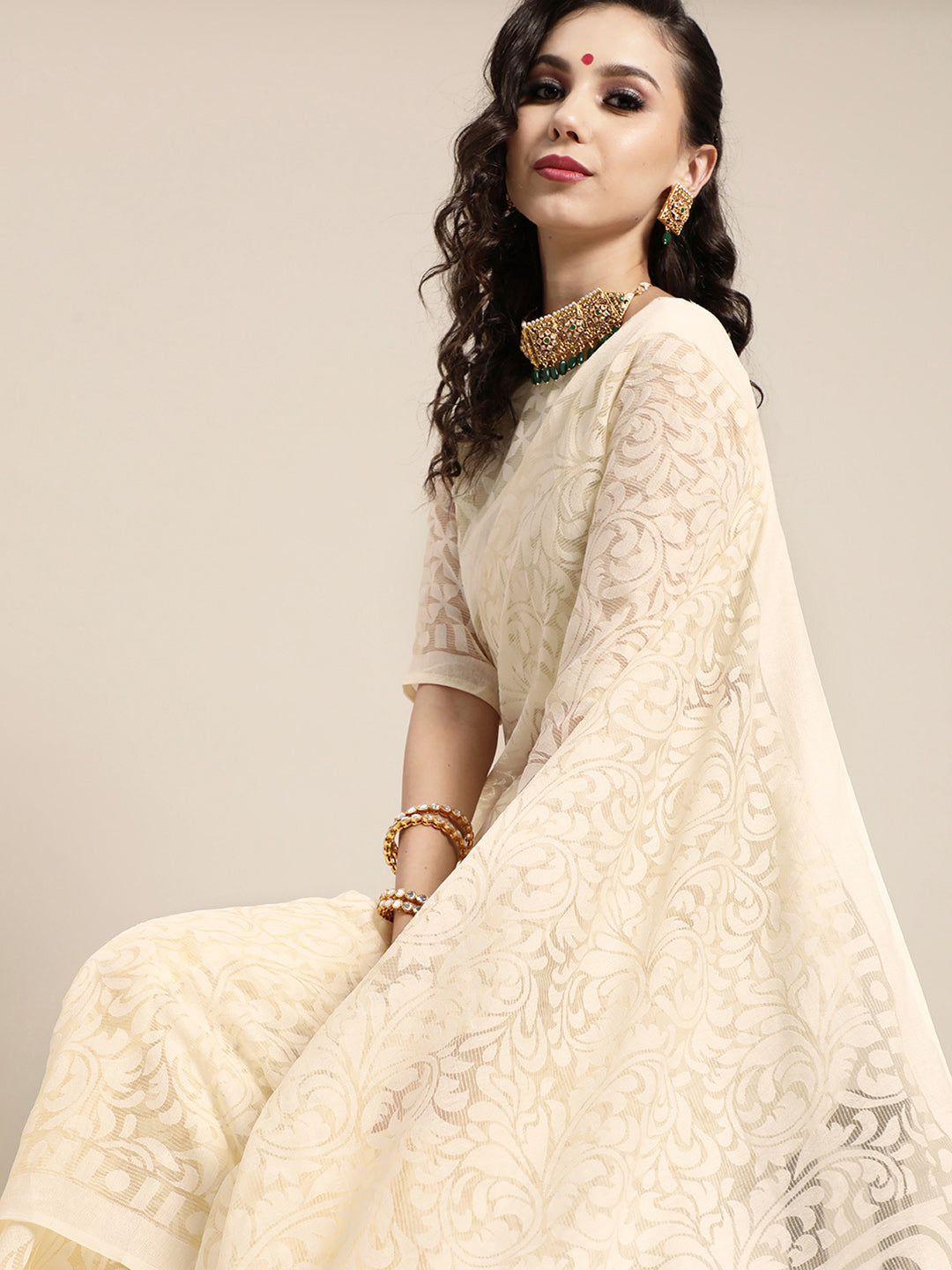 Women's Brasso OffWhite Printed DesignerSaree With Blouse Piece