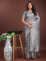 Elegant Sea Green Linen Cotton Saree with Silver Zari – Perfect Blend of Comfort & Charm