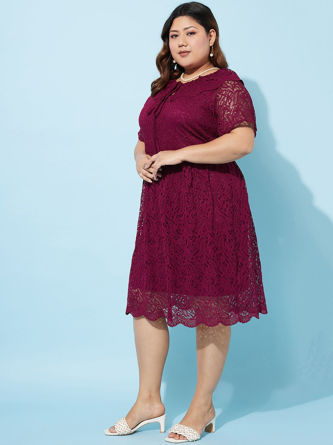 Plus Size Tie-Up Neck Lace Fit & Flare Dress