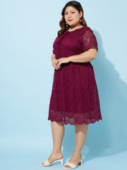 Plus Size Tie-Up Neck Lace Fit & Flare Dress