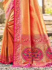 Traditional Kanjivaram Silk Saree in Orange with Grand Zari Pallu and Matching Blouse