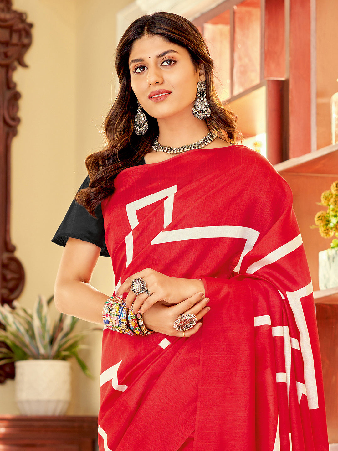 Women's Bhagalpuri Silk Red Printed DesignerSaree With Blouse Piece