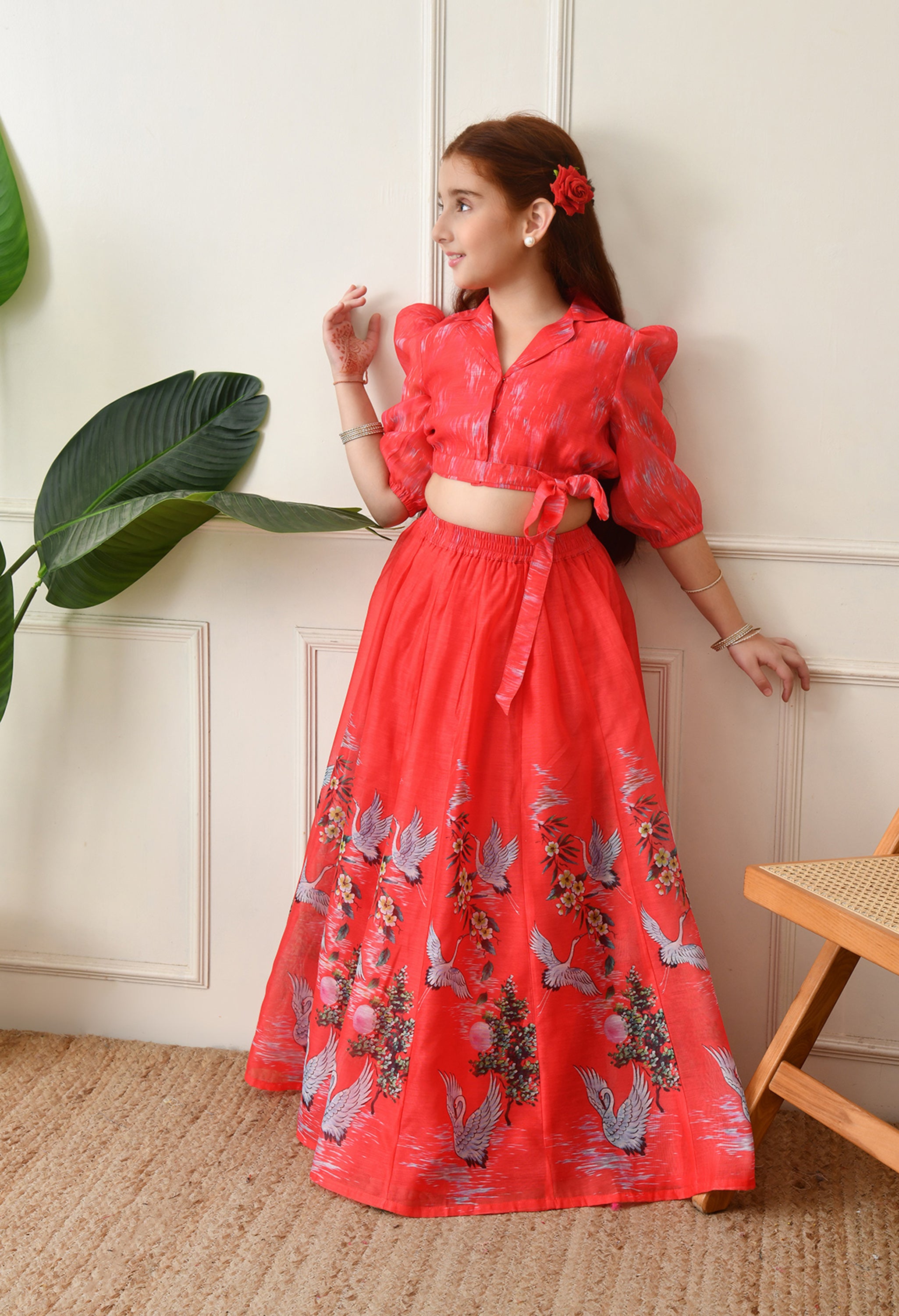 Girls Coral Red Swan Printed Crop Top and Skirt Set
