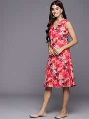 Varanga Women Pink Floral Printed Sleeveless A Line Dress.