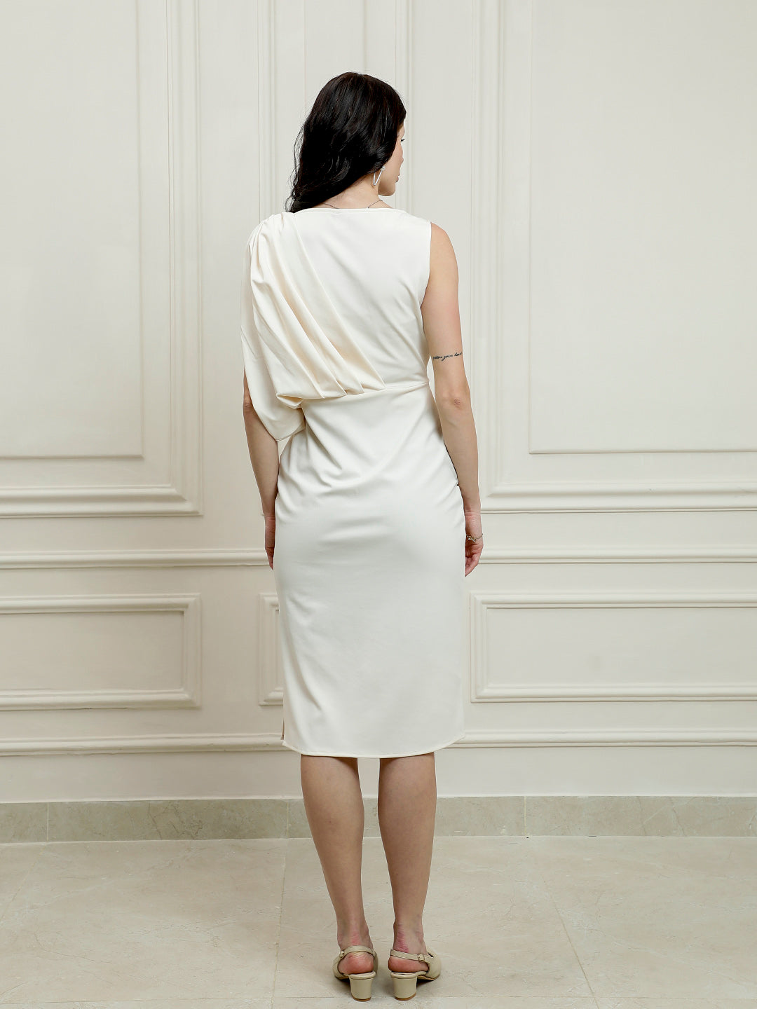 Women Solid Cream Boat Neck Sheath Midi Dress