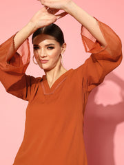Kalini Women Rust Straight Kurta Paired With Tonal Bottom