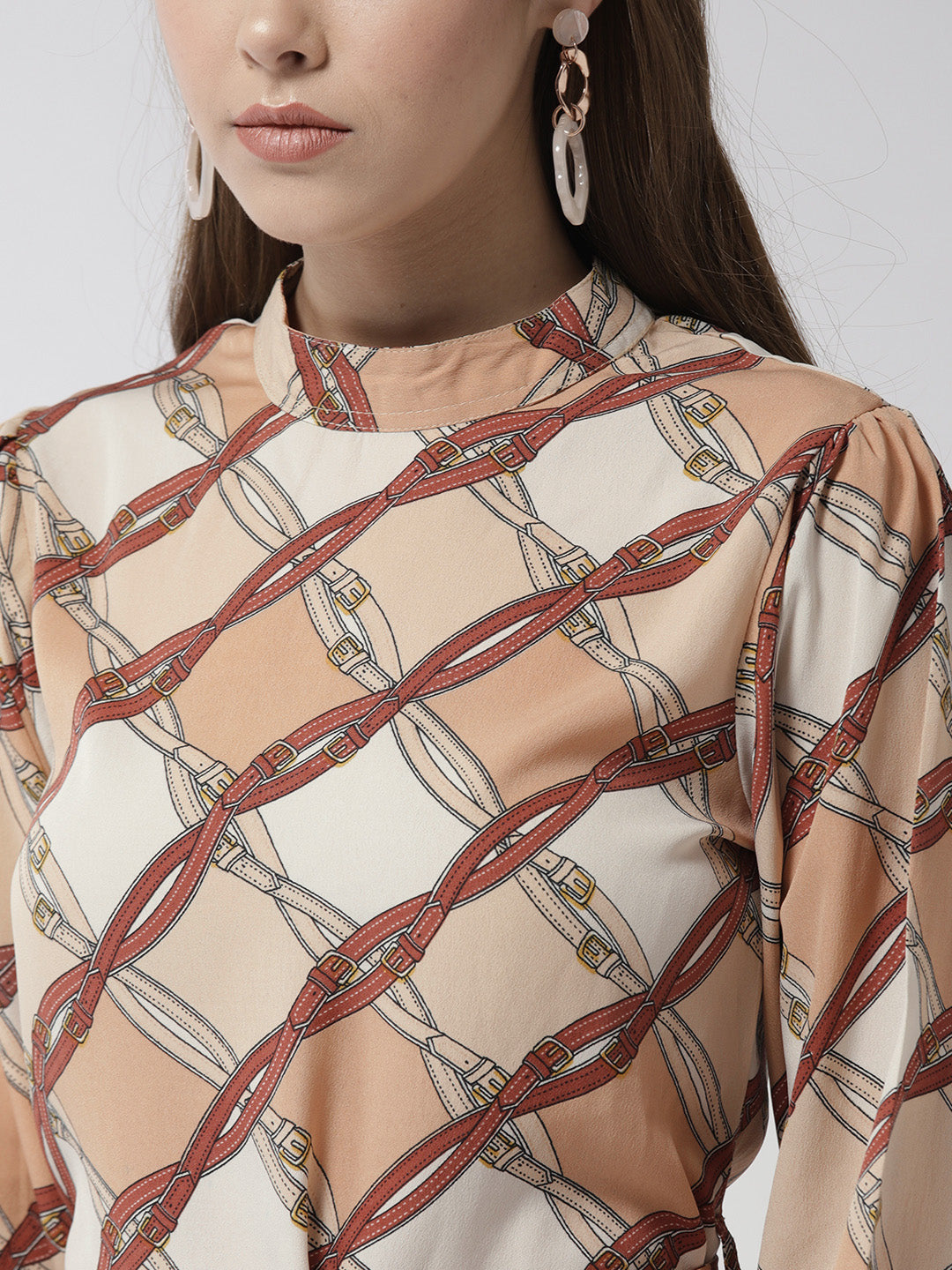 StyleStone Women's Brown Polyester Belt Print Manderin Collar Dress with belt