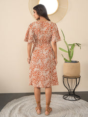 Women's Brown Floral Polyester Floral Wrap Dress