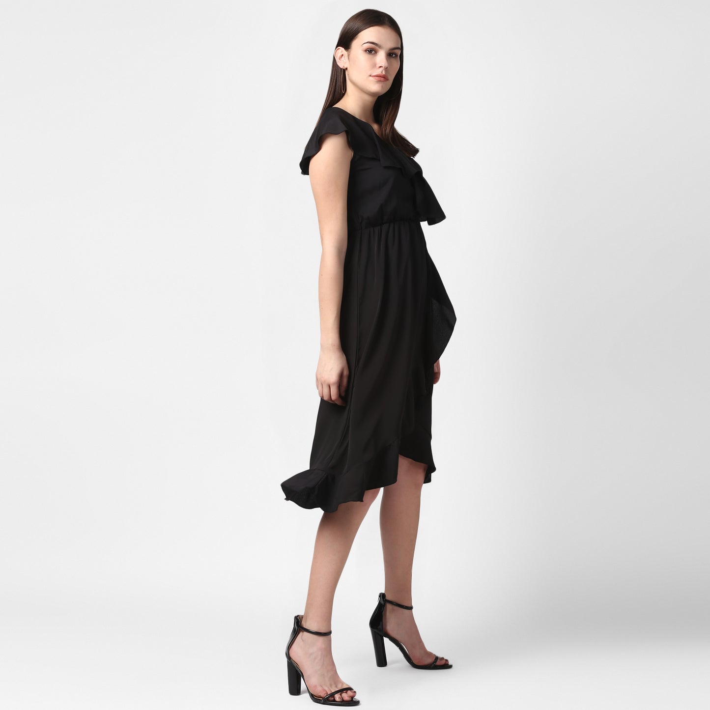 StyleStone Women's Black Front Ruffle Dress