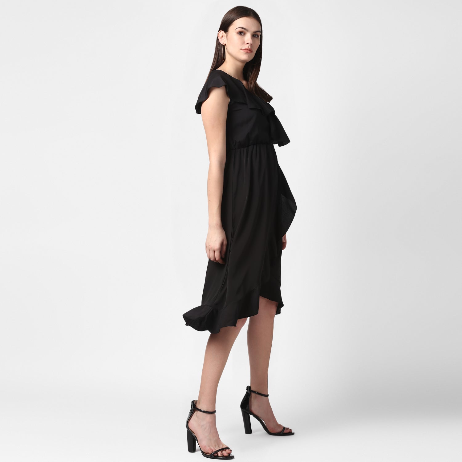 StyleStone Women's Black Front Ruffle Dress