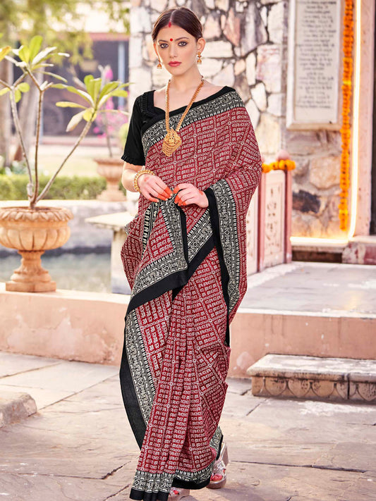 Naari - Women's Bhagalpuri Silk Maroon Printed Designer Saree With Blouse Piece