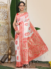 Premium Woven Linen Cotton Saree with Traditional Zari Border – Elegant Festive Look Perfect for Durga Puja, Navratri & Bengali Celebrations
