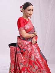 Banarasi Silk Saree with Zari Work - Wedding & Festive Traditional Saree | Temple Border & Royal Motifs | Soft & Shiny Silk Finish