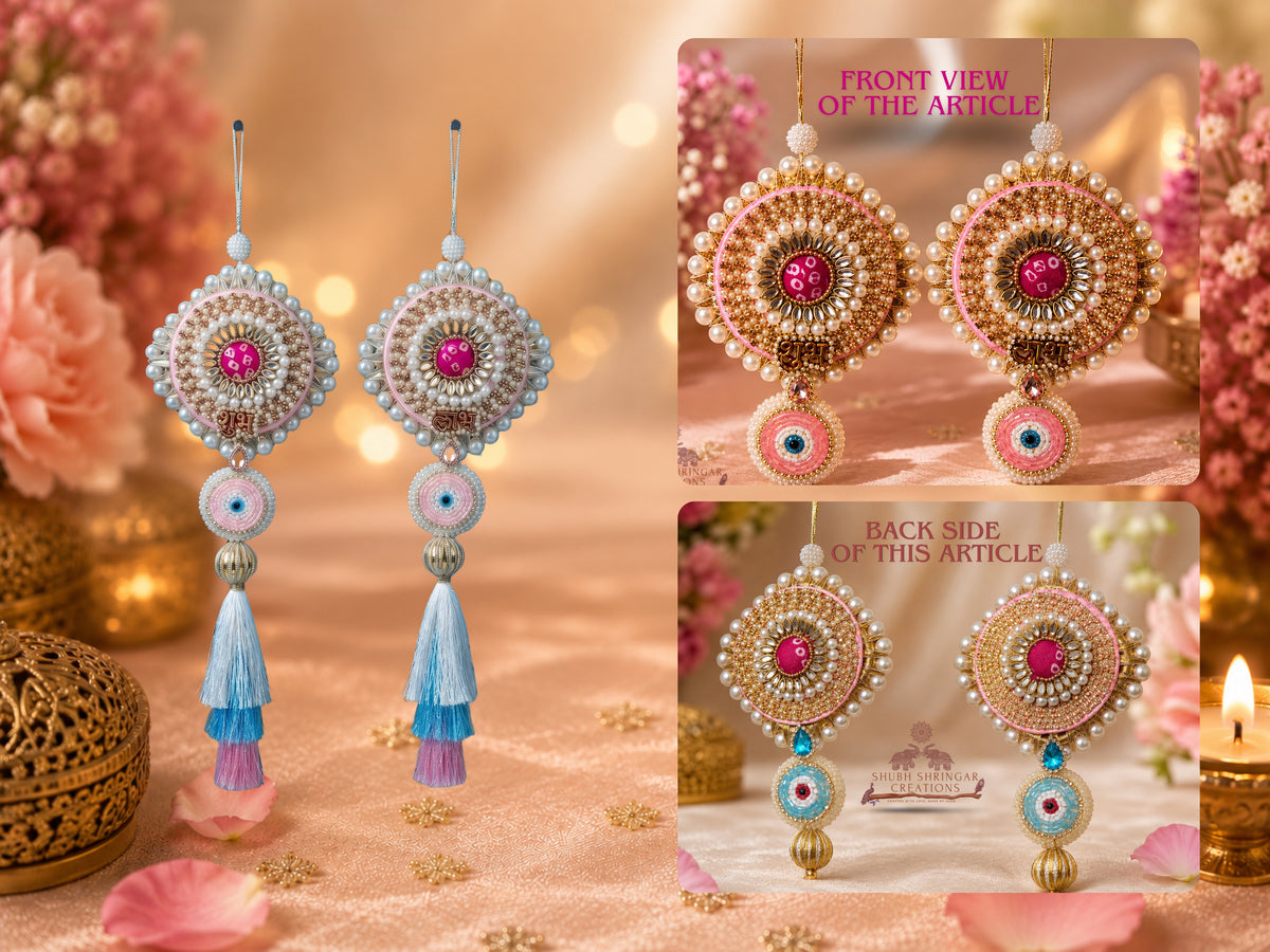 Shubh Shringar Creations- Shubh Labh Designer Hanging Set, Pastel Pink & Blue, Premium Beads & Kundan, Silk Tassels, 34 cm, Set of 2