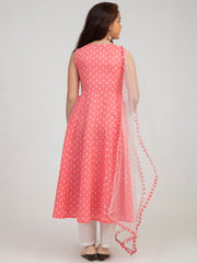 cotton Woven Sleeveless Floral Print Flared Kurta And Palazzo With Dupatta Set - Peach