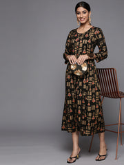 VARANGA BLACK GOLD PRINTED DRESS WITH ROUND NECK