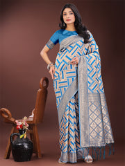 Elegant Pink & Cream Linen Saree with Geometric Design and Zari Border – Festive & Party Wear