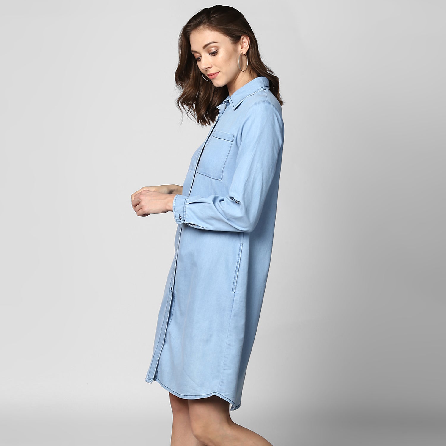 StyleStone Women's Light Blue Denim Double Pocket Double Flap Dress