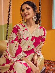Pink & Beige Colour Floral Printed Kurta set