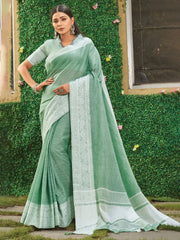 Linen Cotton Saree with Intricate Woven Border & Contrast Pallu | Soft Lightweight Traditional Drape | Tassel Edge | Unstitched Blouse Piece