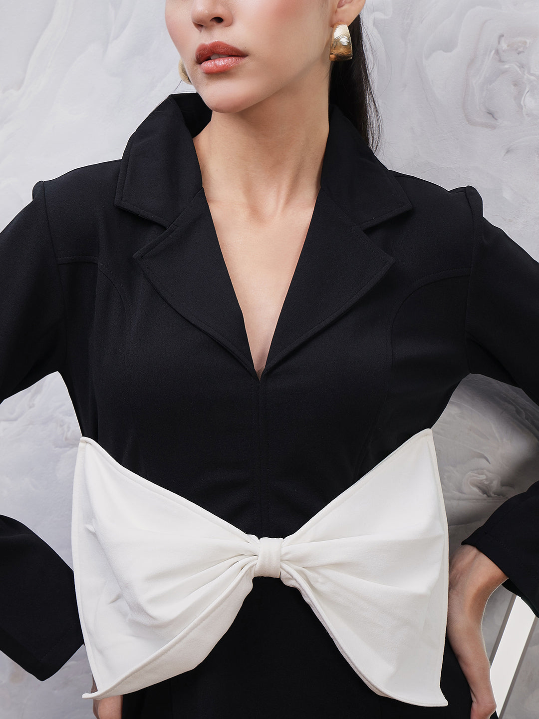 Shirt Collar Long Sleeves Scuba Bow Detail Sheath Dress