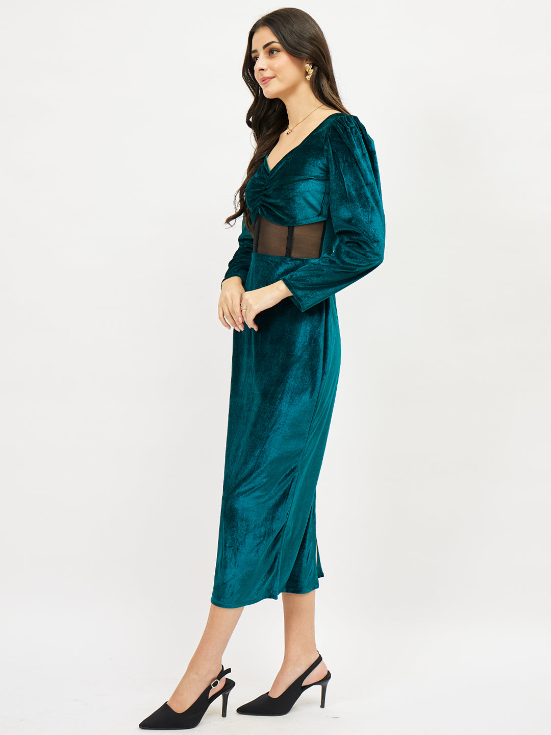Puff Sleeve Velvet Sheath Midi Dress