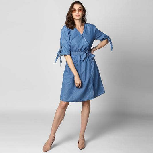 StyleStone Women's Blue Denim Tie Sleeve Dress