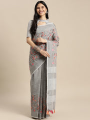 Royal Beige Linen Cotton Saree with Vibrant Floral Zari Border | Premium Festive & Party Collection