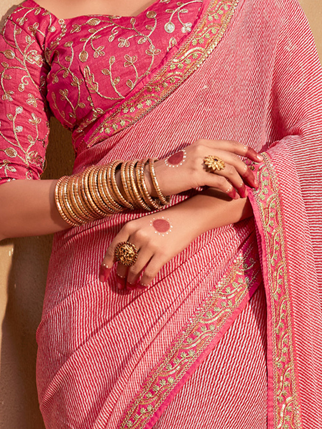 Women's Georgette Pink ZariEmbroidered DesignerSaree With Blouse Piece