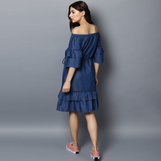 Women's Denim Off Shoulder Tier Sleeve Dress