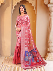 Floral Linen Cotton Saree with Zari Border & Digital Printed Pallu - Elegant Sari for Festive Occasions