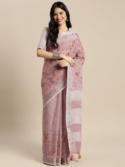 Royal Beige Linen Cotton Saree with Vibrant Floral Zari Border | Premium Festive & Party Collection