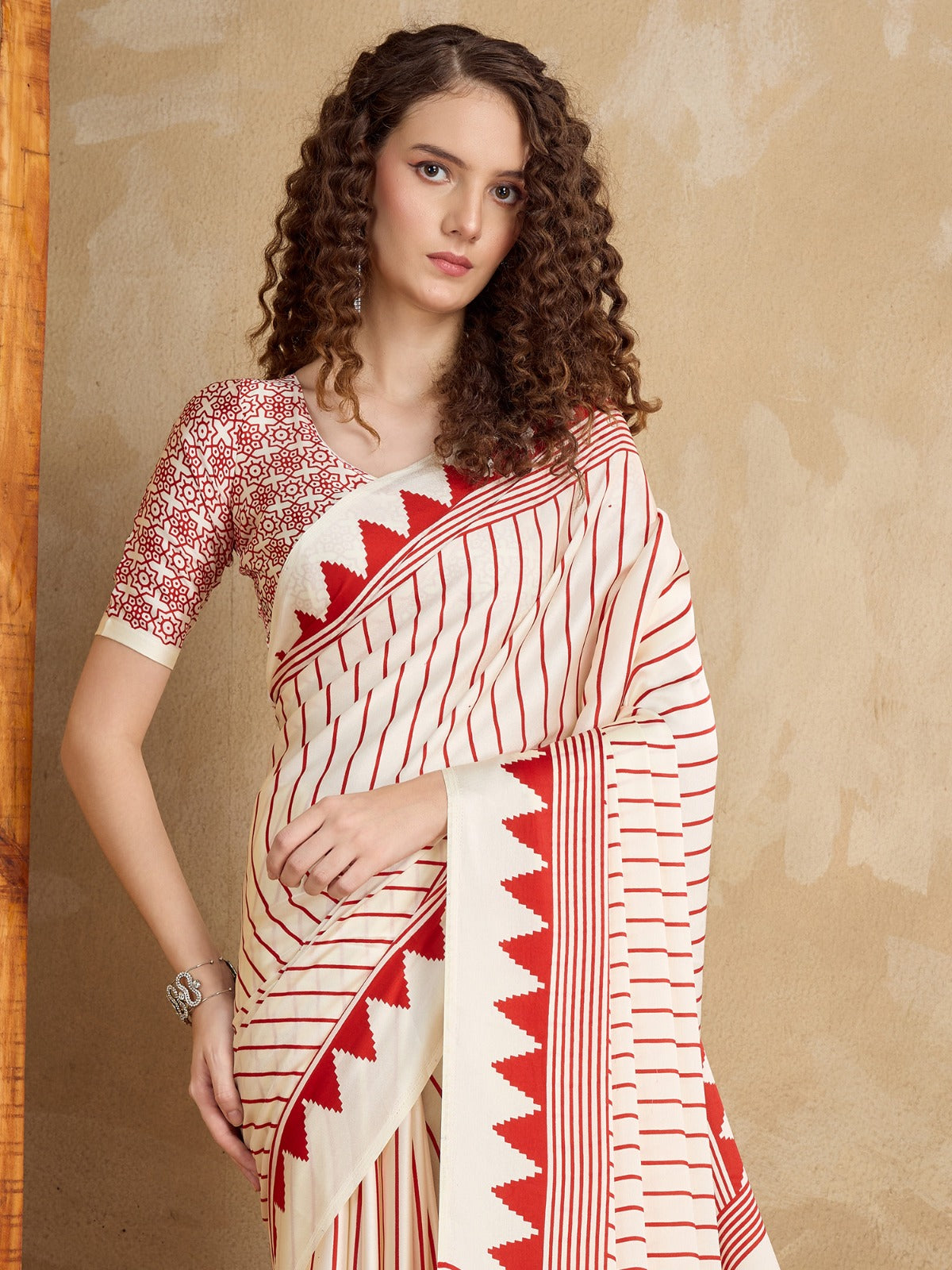 Women's Striped Satin Block Printed Cream Saree