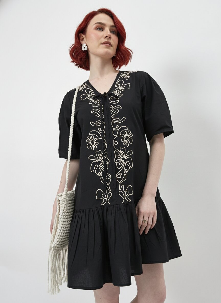 Floral Embroidered Mini Dress-ADR-19730A