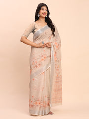 Soft Linen Cotton Saree for Women with Blouse | Elegant Cream Beige Saree with Peach Floral Print & Subtle Zari Border | Lightweight Daily & Festive Wear