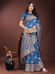 Graceful Royal Blue Banarasi Silk Saree with Silver Zari – Perfect Ethnic Wear for Weddings & Festive Moments