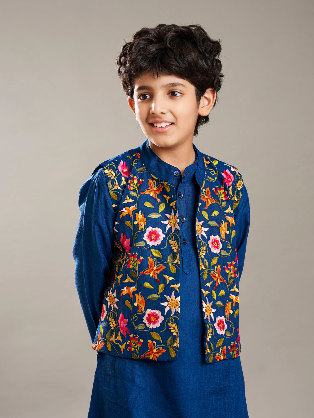 Boys blue kurta pajama with a blue embroidry jacket