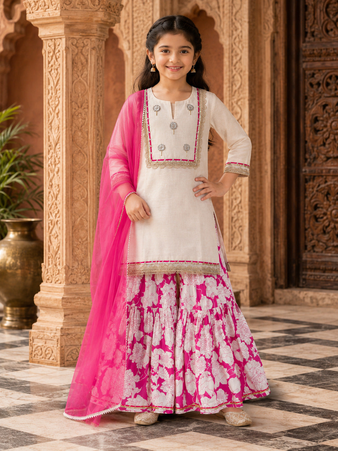 Girls Off white Kurta With Pink Floral Printed Sharara & Dupatta