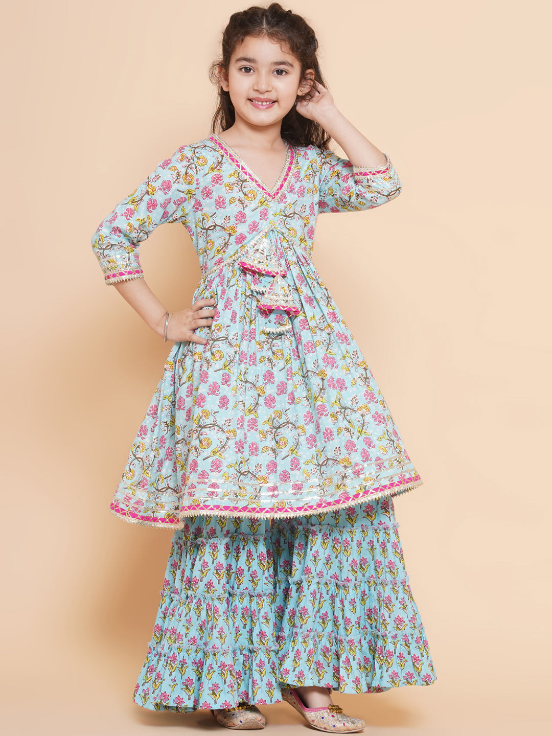 Girls Blue Floral Printed Alia Design Kurta With Sharara