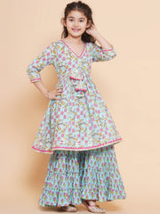 Girls Blue Floral Printed Alia Design Kurta With Sharara