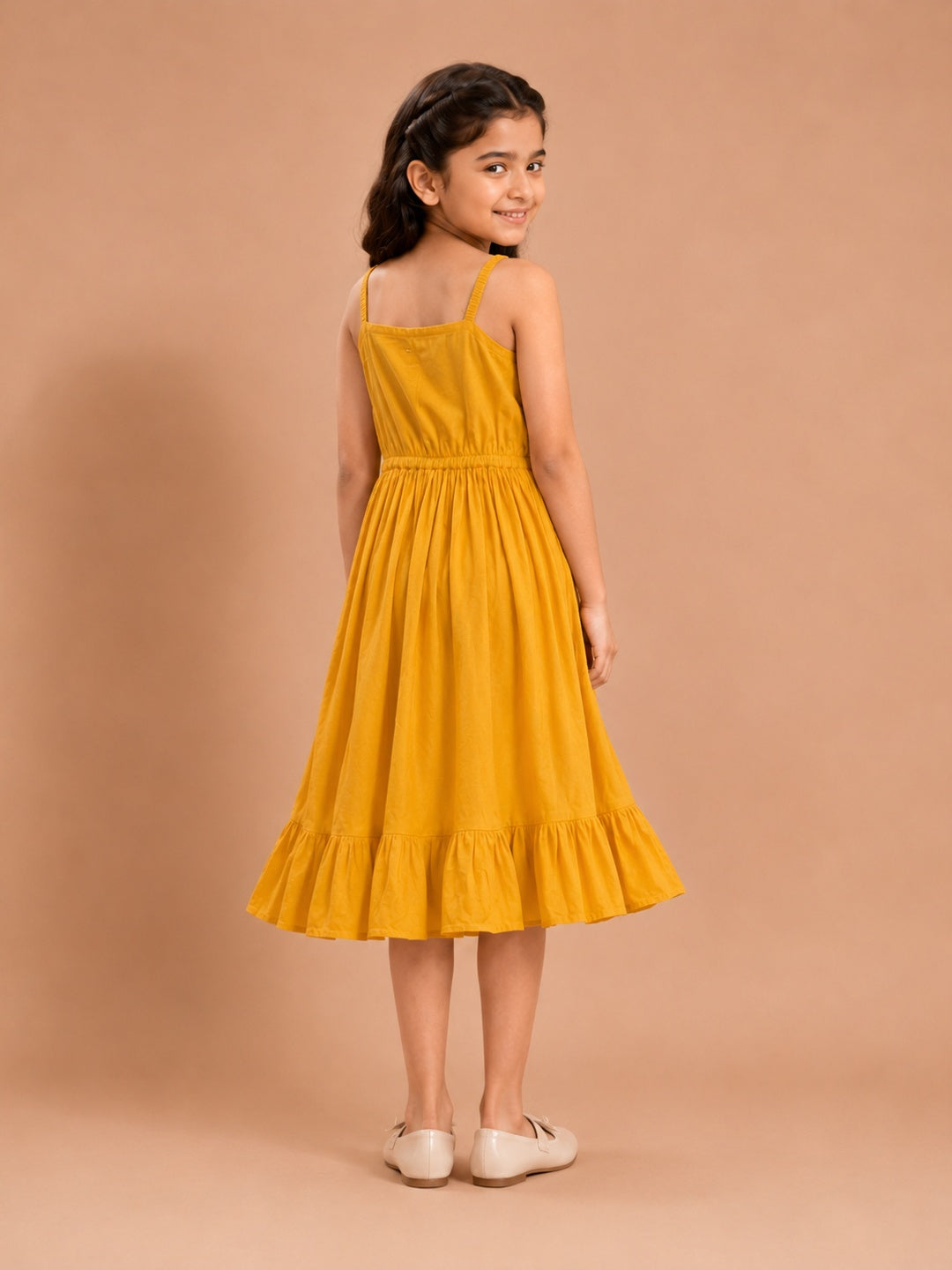 Yellow Floral Printed Midi Dress For Girls
