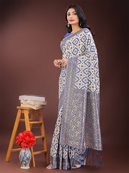 Blue Linen Saree with Rich Woven Zari Work – Elegant Ethnic Saree for Festive & Office Wear