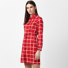 Women's Red and White Check Shirt Dress with Belt