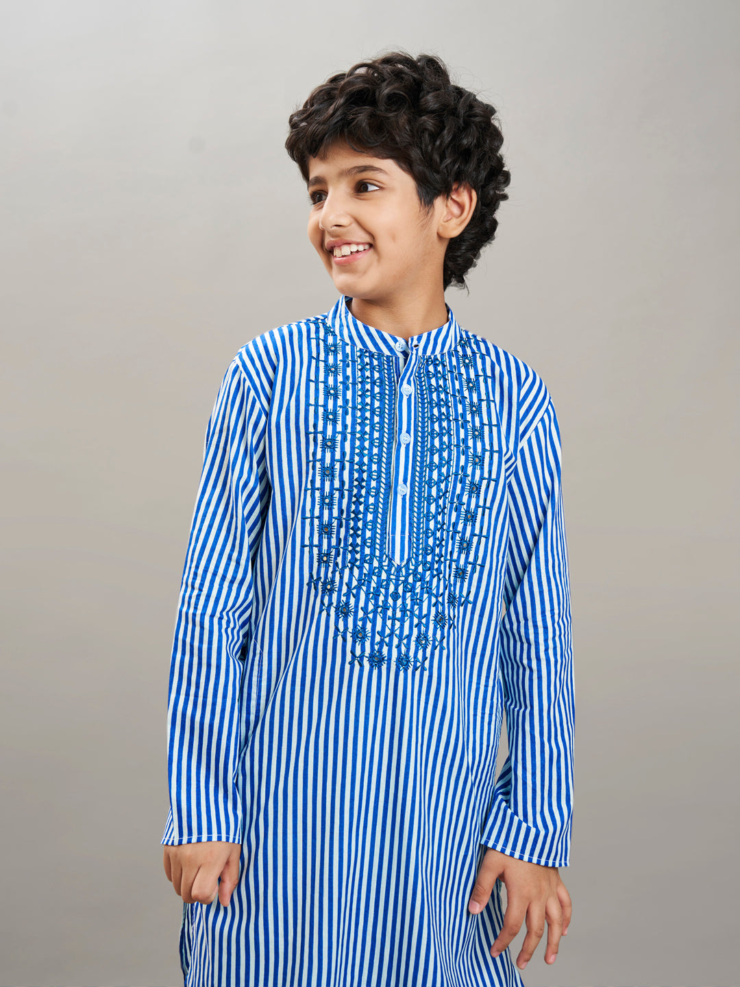 Boys blue white stripe embroidery kurta with a off white pajama