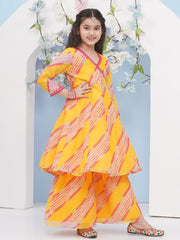 Girls Yellow Leheriya Printed Angrakha Kurta with Sharara with dupatta